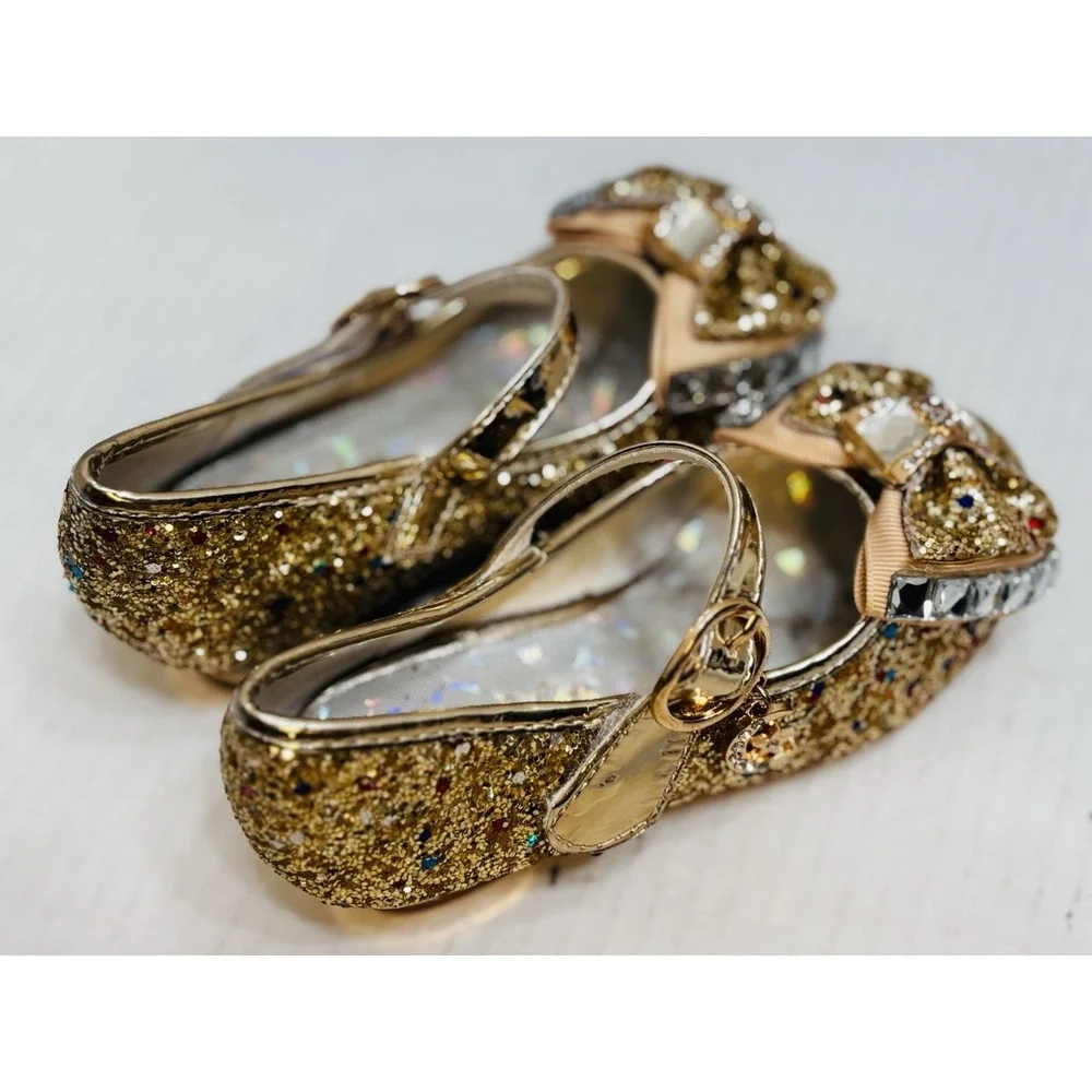 Wal-Fou Girls Gold Glitter Mary Jane Dress Shoes Rhinestone Bow Size 7 Kids